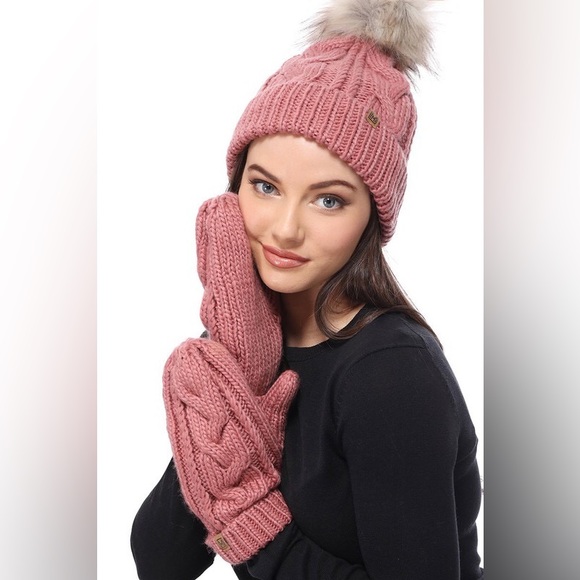 2 PIECE SET MIRMARU POM POM BEANIE AND MITTENS - Picture 3 of 3